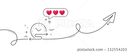 Time schedule line icon. Continuous line with share plane. Transport timetable sign. Task time management symbol. Hearts rate review in speech bubble. Time schedule single line ribbon. Vector 132554203