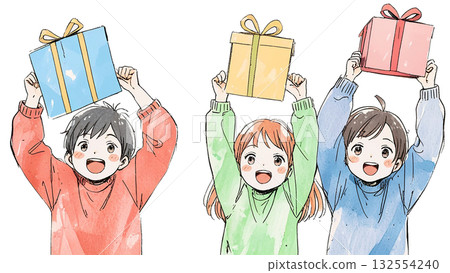三個快樂的孩子手捧禮物（微笑，手繪插圖） 132554240