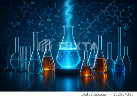 AI generated futuristic laboratory scene glowing chemical liquids digital molecular graphics scientific equipment symbolizing innovation knowledge advanced research in a high tech science environment AI generated futuristic laboratory scene glowing chemical liquids digital molecular graphics scientific equipment symbolizing innovation knowledge advanced research in a high tech science environment 132554335