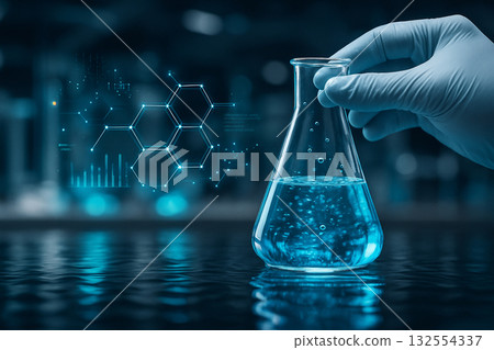 AI generated gloved hand holding a transparent glass beaker with blue liquid and digital molecular graphics representing innovation technology research and scientific progress in a modern lab AI generated gloved hand holding a transparent glass beaker with blue liquid and digital molecular graphics representing innovation technology research and scientific progress in a modern lab 132554337