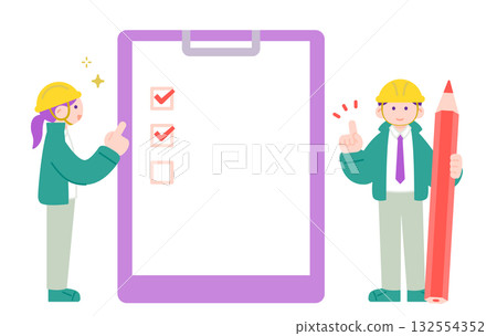 身穿工作服、頭戴安全帽的男女正在檢查文件 132554352