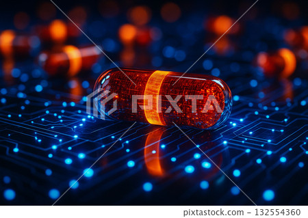 AI generated scene of a glowing red orange capsule on a futuristic blue digital circuit network symbolizing smart pharmaceutical innovation medical technology and future healthcare AI generated scene of a glowing red orange capsule on a futuristic blue digital circuit network symbolizing smart pharmaceutical innovation medical technology and future healthcare 132554360