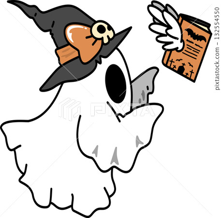 Retro Groovy Halloween Ghost with Witch Hat and Spellbook Illustration 132554550