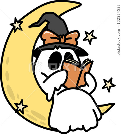Retro Groovy Halloween Ghost Reading on the Moon Illustration Retro Groovy Halloween Ghost Reading on the Moon Illustration 132554552