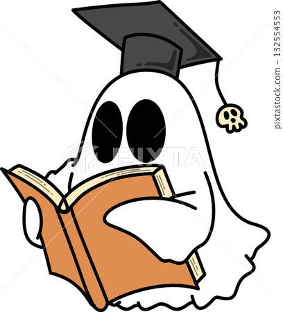 Retro Groovy Halloween Ghost Graduate Reading a Book Illustration Retro Groovy Halloween Ghost Graduate Reading a Book Illustration 132554553