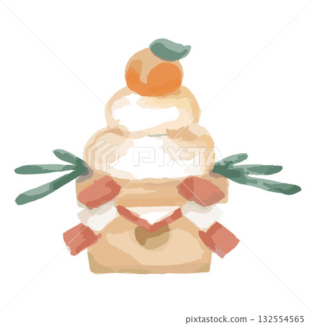 可愛的水彩插畫，描繪了鏡餅/新年/日式剪紙圖案 132554565