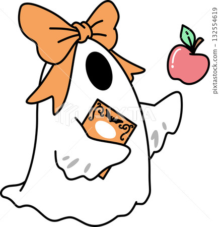 Cute Retro Groovy Cartoon Halloween Ghost with Bow and Apple Illustration 132554619
