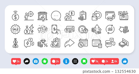 Travel loan, Inflation and Report line icons pack. Social media: share, comment, like icons. Manager, Business person, Update data web icon. Money tax, Sale, Cash back pictogram. Vector 132554630