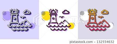 Lighthouse line icon. Halftone dotted pattern. Gradient icon with grain shadow. Beacon tower sign. Searchlight building symbol. Line lighthouse icon. Various designs. Vector 132554632