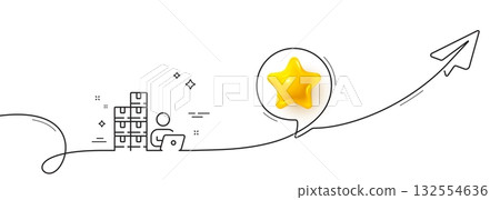 Inventory line icon. Continuous line with share plane. Warehouse manager sign. Wholesale operator symbol. 3d star in speech bubble. Inventory single line ribbon. Loop curve pattern. Vector 132554636