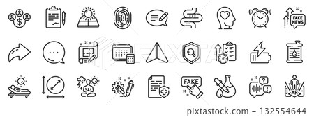 Medical certificate, Intestine and Alarm clock line icons pack. Share, Message, Paper plane icons. Engineering, Augmented reality, Sun energy web icon. Timer, Architect plan, Lounger pictogram. Vector 132554644