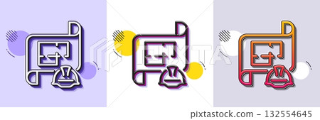 Engineering plan line icon. Halftone dotted pattern. Gradient icon with grain shadow. Technical documentation sign. Construction helmet symbol. Line engineering plan icon. Various designs. Vector 132554645