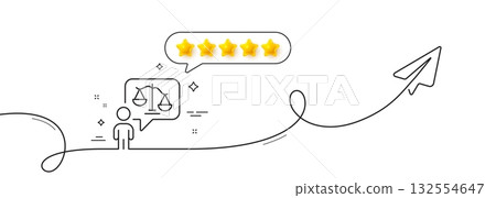 Lawyer line icon. Continuous line with share plane. Court judge sign. Justice scale symbol. Five star rate review in speech bubble. Lawyer single line ribbon. Loop curve pattern. Vector Lawyer line icon. Continuous line with share plane. Court judge sign. Justice scale symbol. Five star rate review in speech bubble. Lawyer single line ribbon. Loop curve pattern. Vector 132554647