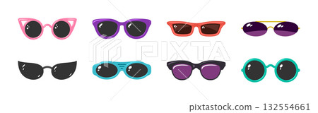 Stylish sunglasses flat cartoon style set. Shades various shapes and color modern eyewear, eyeglasses vintage frames. Spectacles dark lens with glare. Tinted glasses, summer accessory fashion goggles Stylish sunglasses flat cartoon style set. Shades various shapes and color modern eyewear, eyeglasses vintage frames. Spectacles dark lens with glare. Tinted glasses, summer accessory fashion goggles 132554661