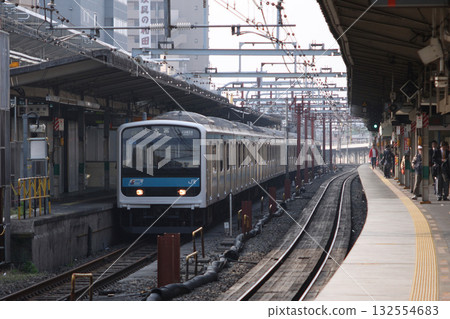 京濱東北線209系列車停靠在浦和站，該站正在建造高架軌道（2008年4月） 132554683