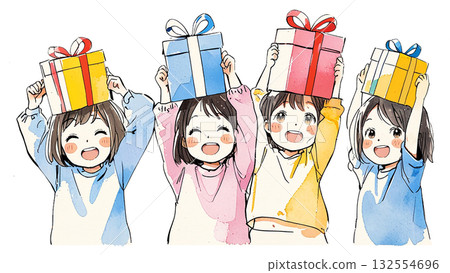 Hurrah! Cute, pop art line art of children rejoicing over their presents 132554696