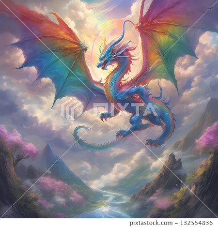 An illustration of a beautiful rainbow-colored dragon shining on a full moon night An illustration of a beautiful rainbow-colored dragon shining on a full moon night 132554836