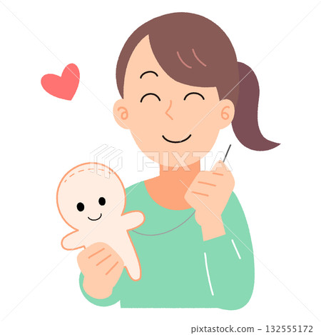 Illustration of a woman making a handmade stuffed toy of a human character 132555172