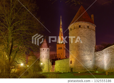 City wall and St Olaf's Church at night, Tallinn, Estonia City wall and St Olaf's Church at night, Tallinn, Estonia 132555186