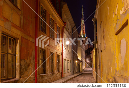 St Olaf's Church and alley at night, Tallinn, Estonia St Olaf's Church and alley at night, Tallinn, Estonia 132555188