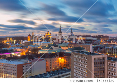 Old Town churches at sunrise, Tallinn, Estonia 132555189