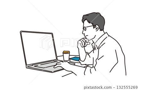 插畫素材:一個男人憂心忡忡地坐在電腦前。 插畫素材:一個男人憂心忡忡地坐在電腦前。 132555269