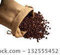 Roasted coffee beans spilling out of a burlap sack 132555452