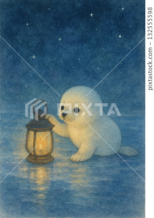 星空下的小海豹與燈 水彩夢幻插畫 星空下的小海豹與燈 水彩夢幻插畫 132555598