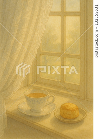 午後陽光下的茶與司康 水彩靜物插畫 132555631