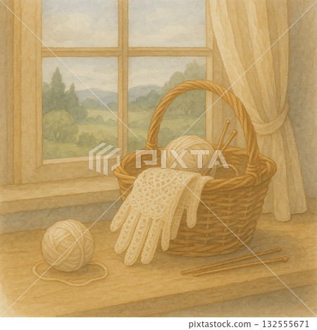 窗邊手作午後時光　溫柔水彩風編織籃與毛線球插畫 132555671