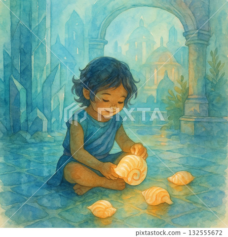 水彩畫｜童話風格藍色水晶城小人城中信獎會光貝殼 132555672