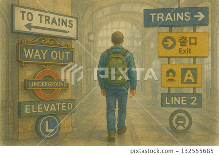 火車站指示牌和旅客背影 | 水彩風格外國鐵路畫 火車站指示牌和旅客背影 | 水彩風格外國鐵路畫 132555685