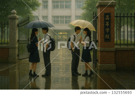 雨中校園的青春戀曲　穿著制服的學生撐傘對望　浪漫日系插畫風 132555693