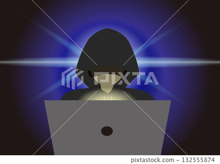 Illustration of a suspicious person wearing a hoodie in front of a computer Illustration of a suspicious person wearing a hoodie in front of a computer 132555874