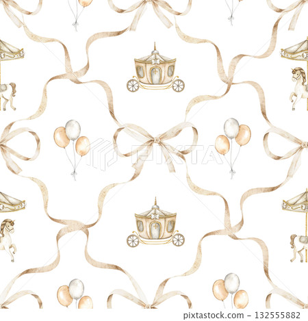 Vintage watercolor seamless pattern with carousel horses and retro fairground details. Gentle nostalgic design perfect for baby fabrics, wallpapers, wrapping paper, and creative projects. 132555882