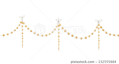 Watercolor illustration of a seamless border made of small yellow and beige golden beads with bows. Perfect for kids party, baby shower, greeting card, invitation, planner sticker, craft project 132555884