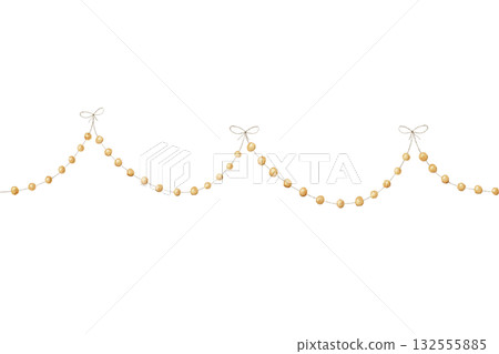 Watercolor illustration of a seamless border with beige beads arranged in a wavy horizontal pattern, finished with bows. Useful for planner, card making, baby shower, party decoration, child project 132555885