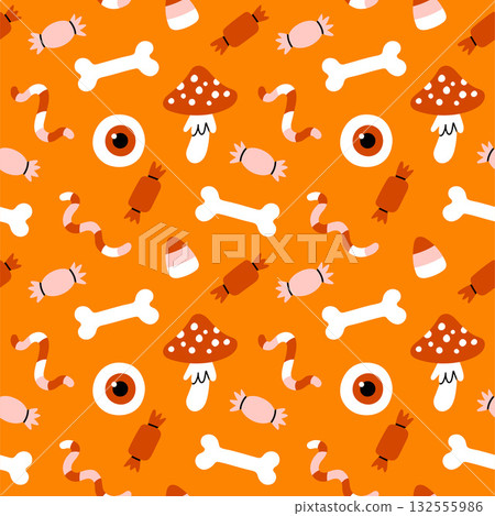 Simple hand drawn Halloween seamless pattern on orange background. Vector wallpaper illustration repeat design for fabric print, sticker, cover, wrapping. Simple hand drawn Halloween seamless pattern on orange background. Vector wallpaper illustration repeat design for fabric print, sticker, cover, wrapping. 132555986