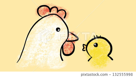 A mother and her baby chicken looking at each other A mother and her baby chicken looking at each other 132555998