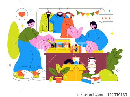 Flea Market Vector Illustration Featuring a Secondhand Shop with Shoppers, Swap Meets, Sellers, and Customers at a Weekend Market in the City 132556185