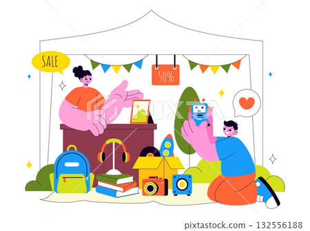 Flea Market Vector Illustration Featuring a Secondhand Shop with Shoppers, Swap Meets, Sellers, and Customers at a Weekend Market in the City Flea Market Vector Illustration Featuring a Secondhand Shop with Shoppers, Swap Meets, Sellers, and Customers at a Weekend Market in the City 132556188