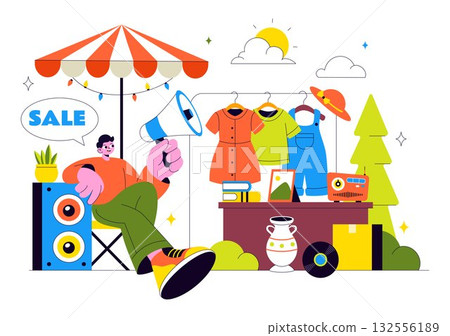 Flea Market Vector Illustration Featuring a Secondhand Shop with Shoppers, Swap Meets, Sellers, and Customers at a Weekend Market in the City 132556189