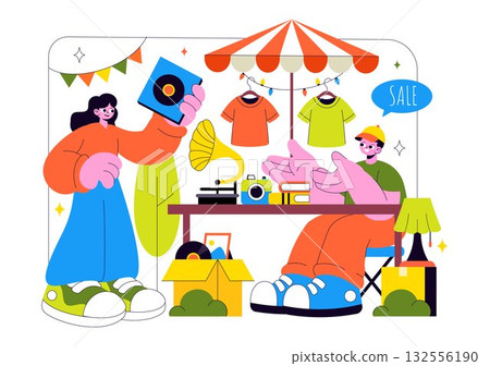 Flea Market Vector Illustration Featuring a Secondhand Shop with Shoppers, Swap Meets, Sellers, and Customers at a Weekend Market in the City Flea Market Vector Illustration Featuring a Secondhand Shop with Shoppers, Swap Meets, Sellers, and Customers at a Weekend Market in the City 132556190