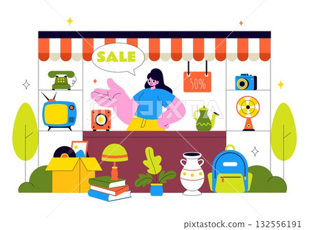 Flea Market Vector Illustration Featuring a Secondhand Shop with Shoppers, Swap Meets, Sellers, and Customers at a Weekend Market in the City 132556191