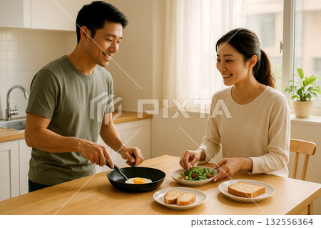 A Japanese couple enjoying a peaceful morning in the kitchen finishing up breakfast A Japanese couple enjoying a peaceful morning in the kitchen finishing up breakfast 132556364