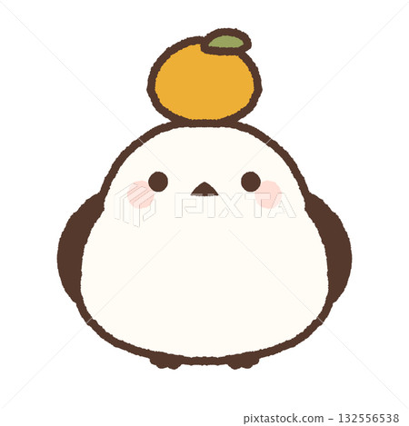 一隻長尾山雀嘴裡叼著一個橘子 132556538