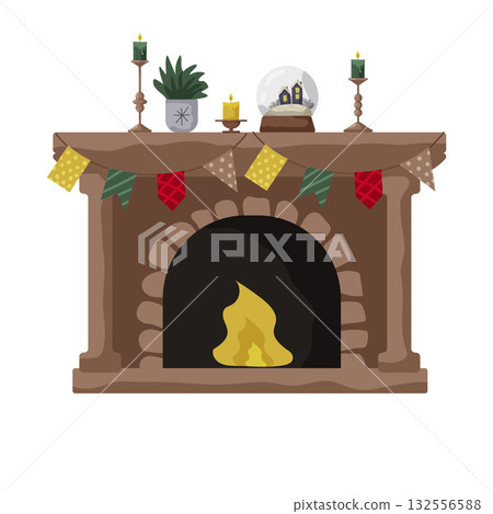 Cozy fireplace with decorations creating a warm atmosphere during winter celebrations 132556588
