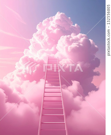 Abstract conceptual image of a staircase climbing up to the clouds in a dreamy blue sky. 132556805