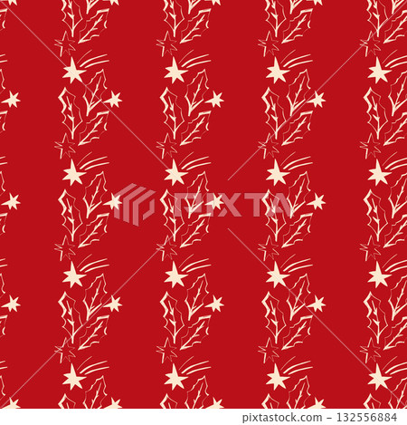 Seamless festive holly pattern with falling stars on red background perfect for Christmas wrapping textiles and cards Seamless festive holly pattern with falling stars on red background perfect for Christmas wrapping textiles and cards 132556884