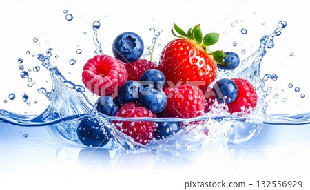 Fresh, healthy red strawberries and blueberries splash into water, a perfect summer dessert 132556929